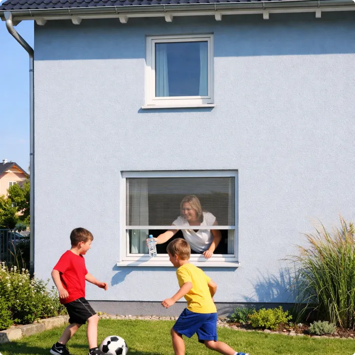 Rollo nach Maß als Sichtschutz am Fenster mit Kindern im Garten