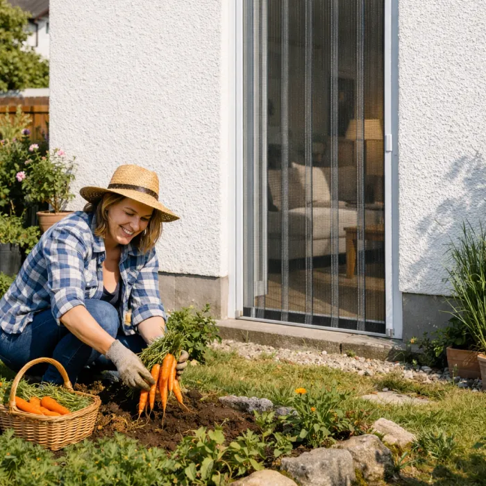 Frau bei der Gartenarbeit vor Terrassentür mit Fliegengitter-Lamellen flexibler Insektenschutz für Balkon und Terrasse