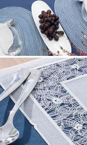 Tischdecken aus Plauener Spitze® Spitzen Tischdecke mit blauer unterlage